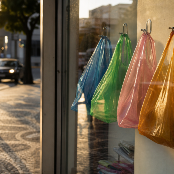 Vitrine com bolsas jelly translúcidas e coloridas iluminadas pela luz da tarde.