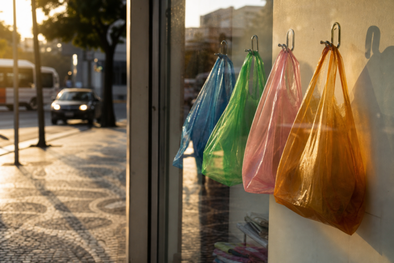 Vitrine com bolsas jelly translúcidas e coloridas iluminadas pela luz da tarde.