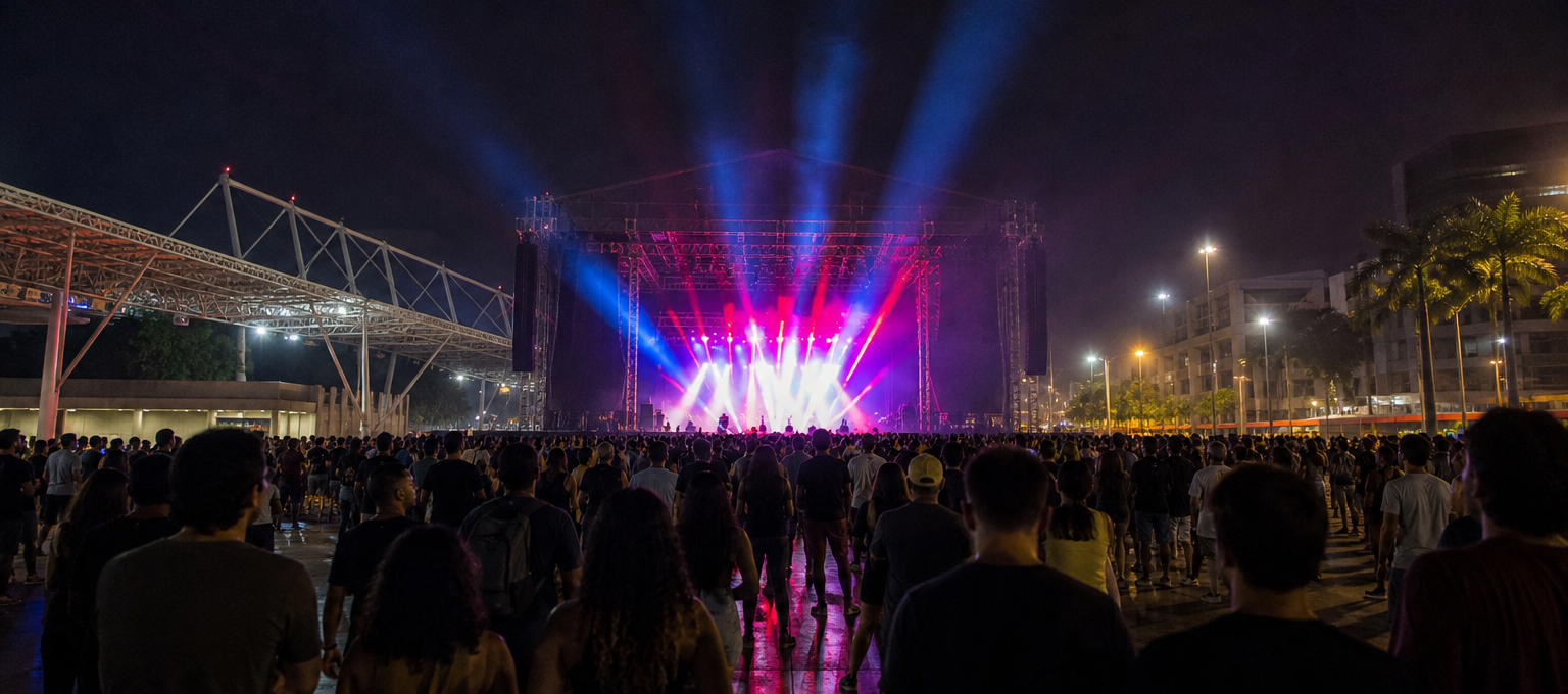 Palco iluminado e público de costas em festival no Rio de Janeiro.