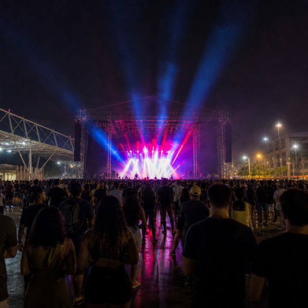Palco iluminado e público de costas em festival no Rio de Janeiro.
