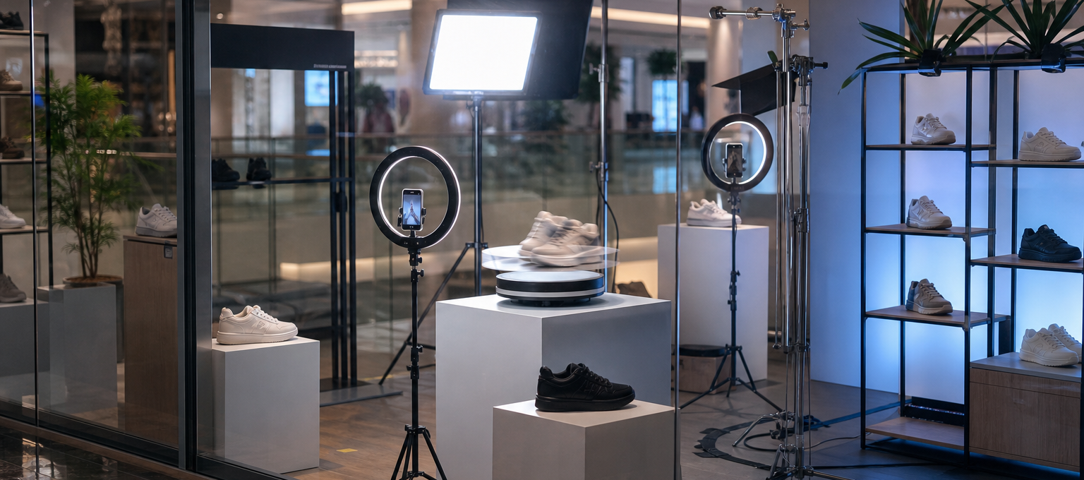 Vitrine pop-up com ring lights e prateleiras de tênis genéricos preparada para live commerce em shopping brasileiro.