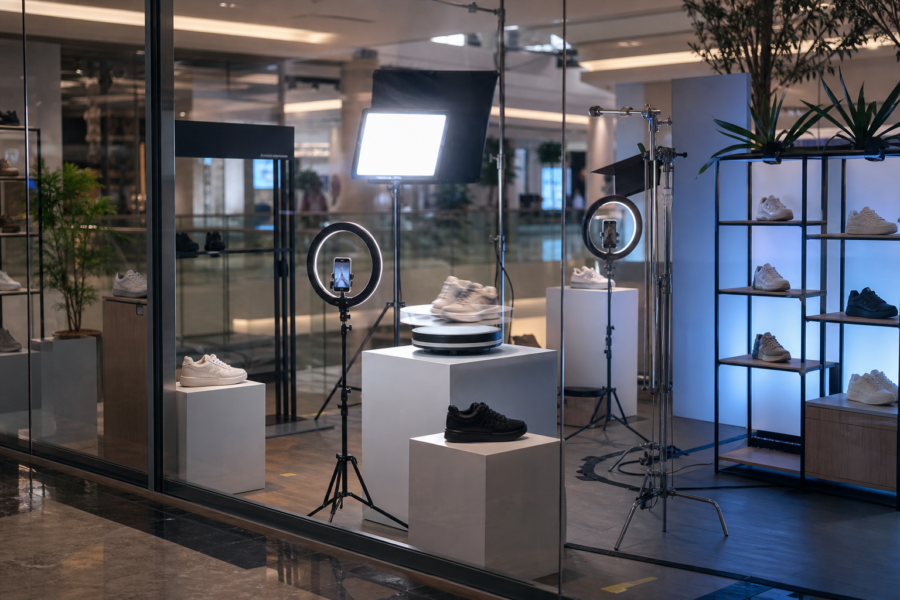 Vitrine pop-up com ring lights e prateleiras de tênis genéricos preparada para live commerce em shopping brasileiro.