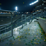 Arquibancada vazia com confetes verde e amarelo após jogo, luz fria do estádio.