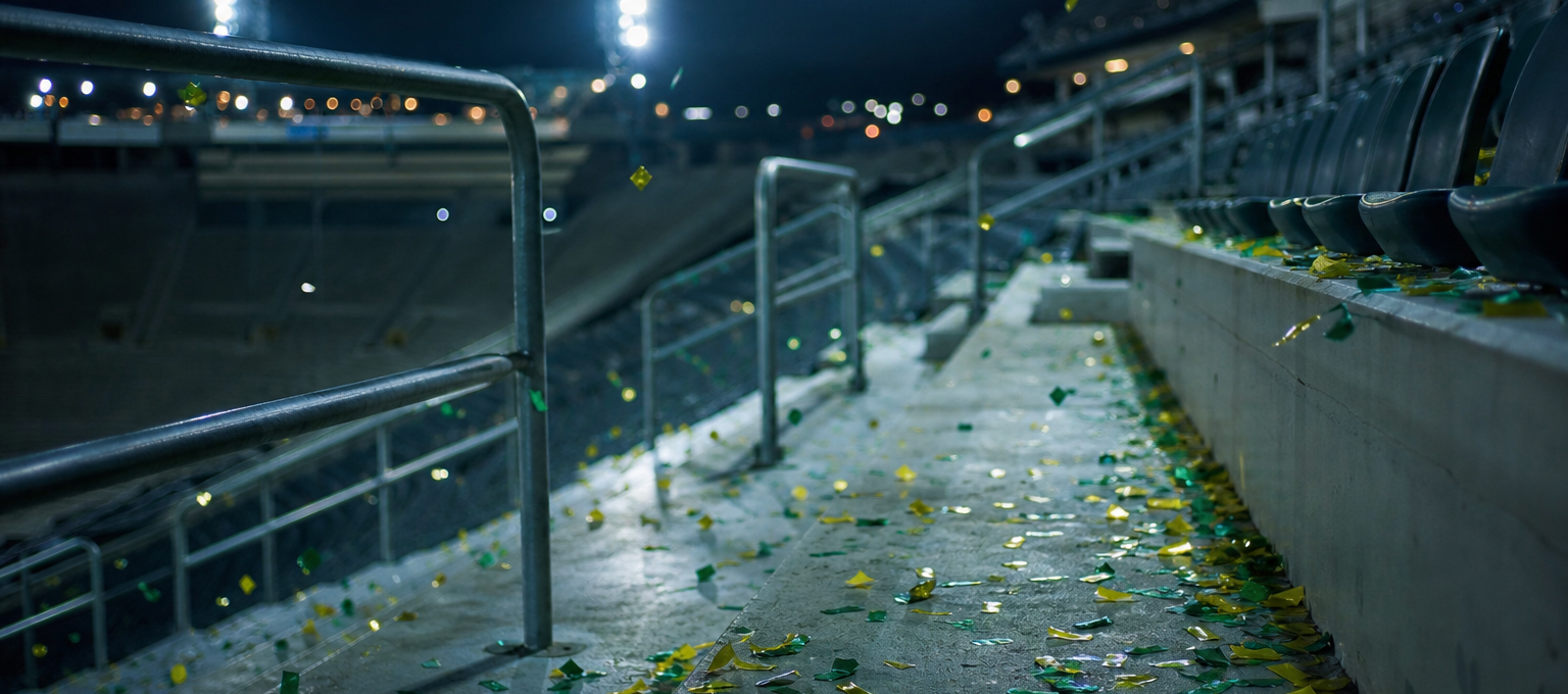 Arquibancada vazia com confetes verde e amarelo após jogo, luz fria do estádio.