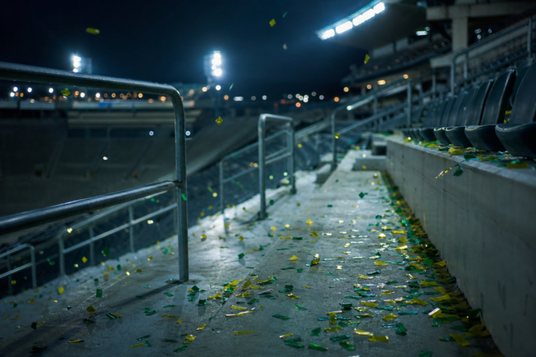 Arquibancada vazia com confetes verde e amarelo após jogo, luz fria do estádio.