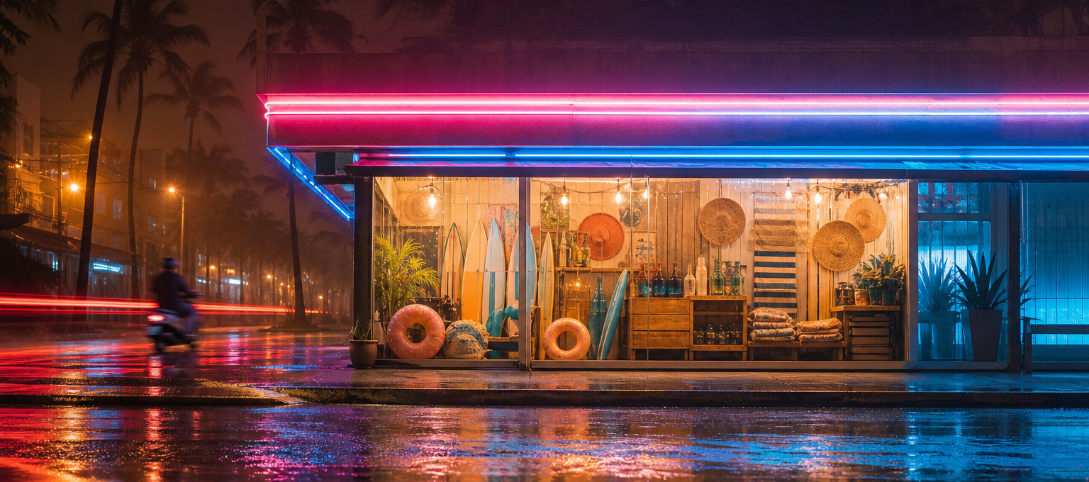 Vitrine noturna com néon rosa e azul e palmeiras ao fundo, evocando um clima de Vice City sem marcas visíveis.