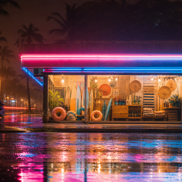 Vitrine noturna com néon rosa e azul e palmeiras ao fundo, evocando um clima de Vice City sem marcas visíveis.