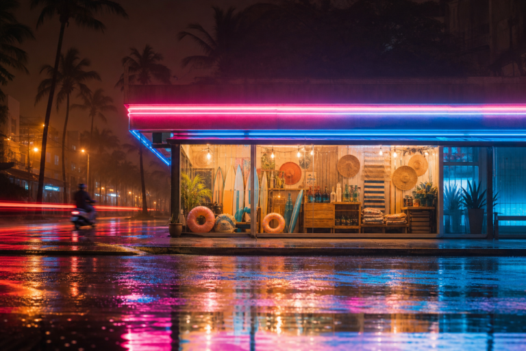 Vitrine noturna com néon rosa e azul e palmeiras ao fundo, evocando um clima de Vice City sem marcas visíveis.