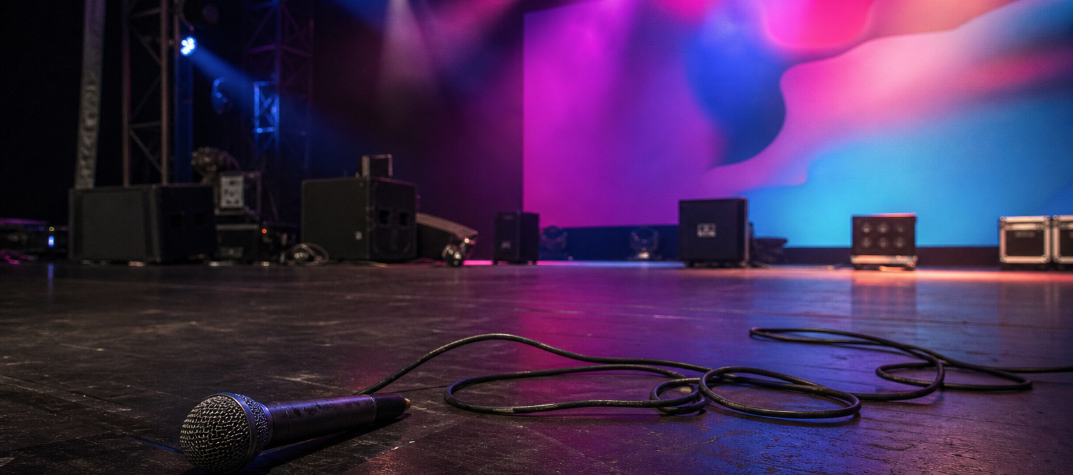Bastidores de palco com luzes acesas e microfone no chão, prontos para show.