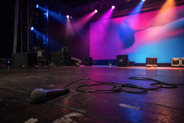 Bastidores de palco com luzes acesas e microfone no chão, prontos para show.