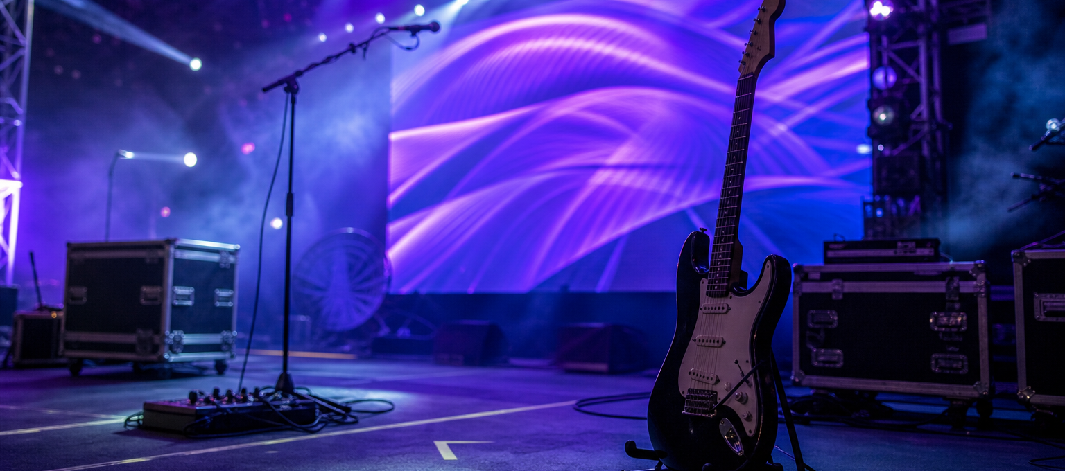 Palco iluminado com guitarra em suporte e tela LED abstrata, pronto para um show.