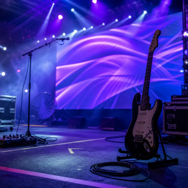 Palco iluminado com guitarra em suporte e tela LED abstrata, pronto para um show.