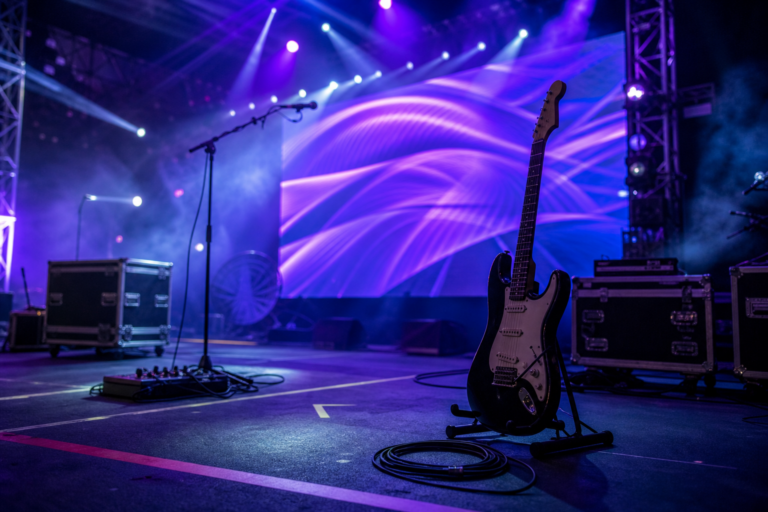 Palco iluminado com guitarra em suporte e tela LED abstrata, pronto para um show.