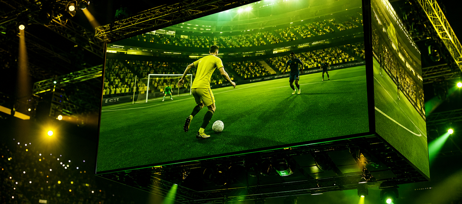 Telão de eSports com avatar de futebol e luzes verde e amarelas diante de arquibancada lotada, sem marcas visíveis.