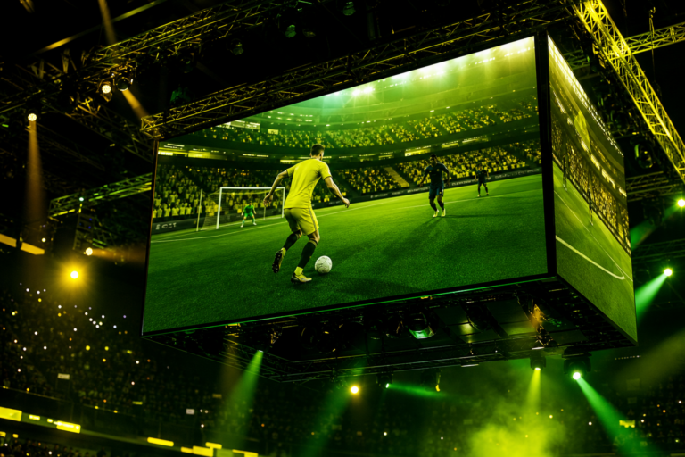 Telão de eSports com avatar de futebol e luzes verde e amarelas diante de arquibancada lotada, sem marcas visíveis.