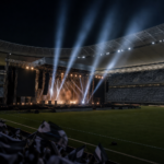 Palco montado no gramado de um estádio iluminado, pronto para um show no intervalo da final.