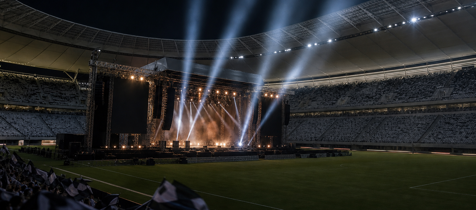 Palco montado no gramado de um estádio iluminado, pronto para um show no intervalo da final.