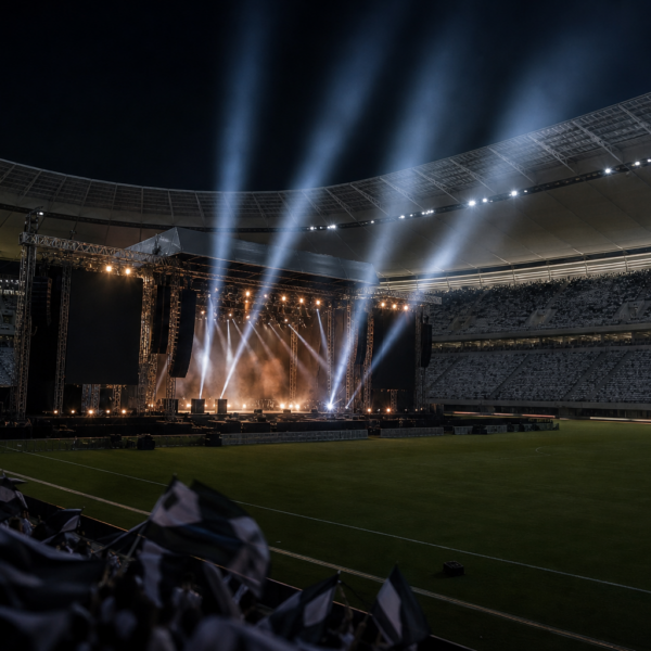 Palco montado no gramado de um estádio iluminado, pronto para um show no intervalo da final.