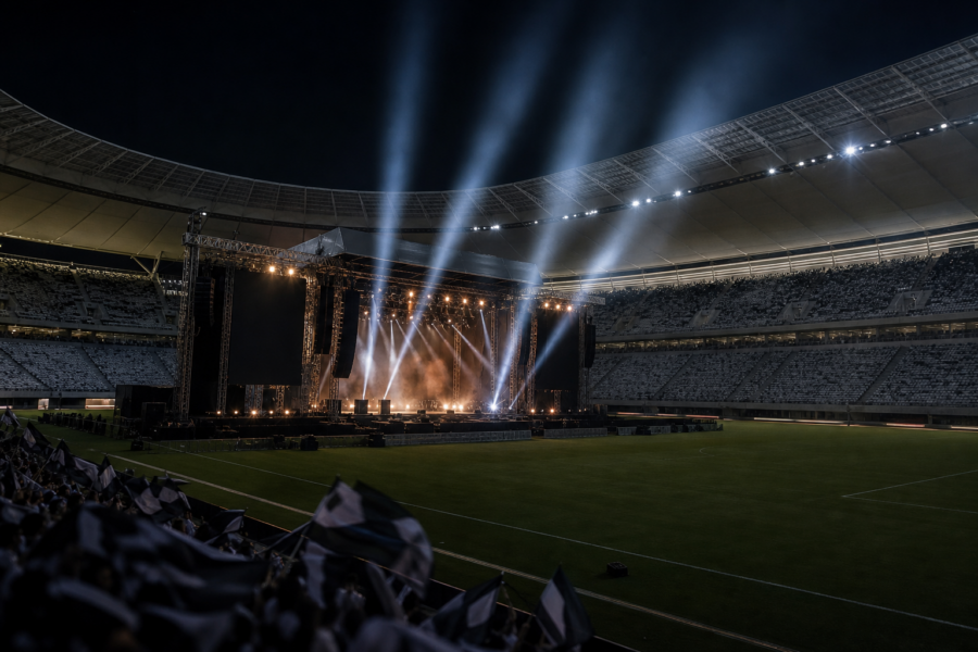 Palco montado no gramado de um estádio iluminado, pronto para um show no intervalo da final.