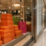 Vitrine de loja com caixas laranja e sacolas coloridas genéricas em shopping brasileiro.