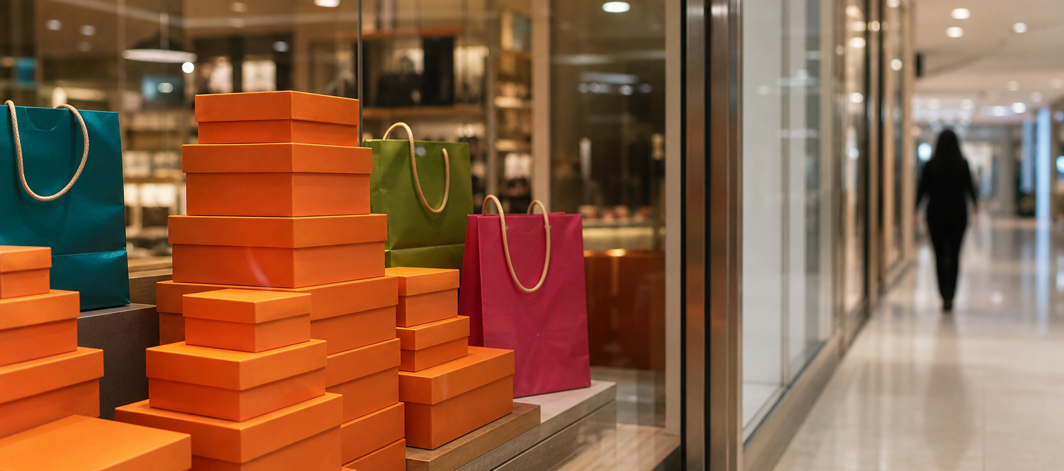 Vitrine de loja com caixas laranja e sacolas coloridas genéricas em shopping brasileiro.