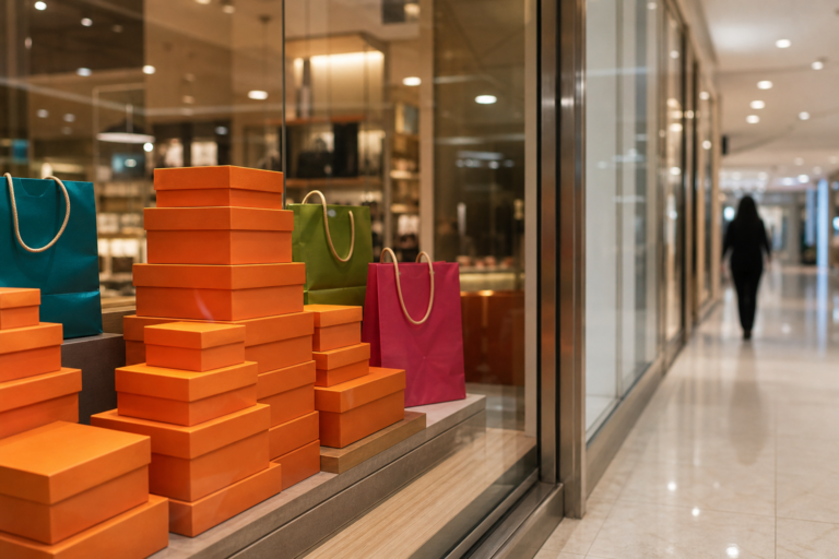 Vitrine de loja com caixas laranja e sacolas coloridas genéricas em shopping brasileiro.