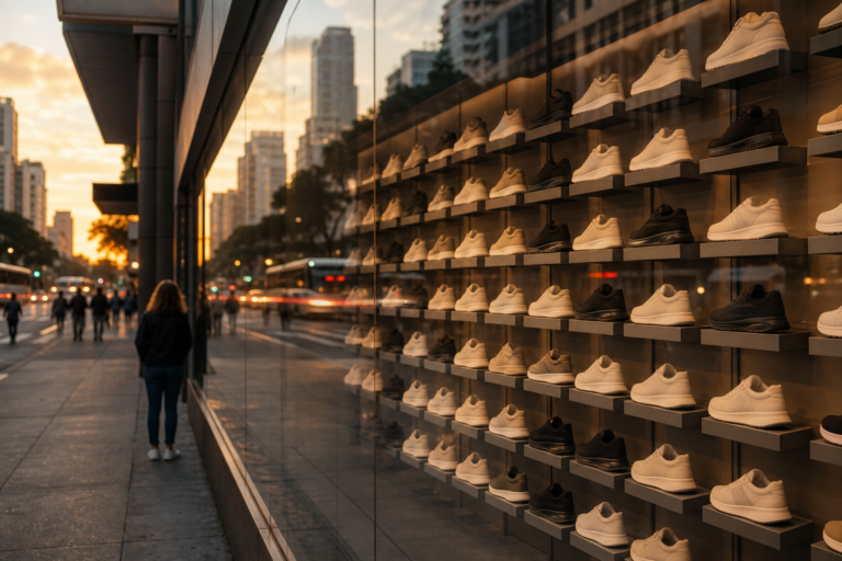 Vitrine de loja de tênis com parede de modelos anônimos e fila discreta na rua