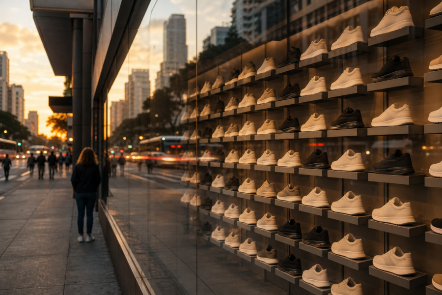 Vitrine de loja de tênis com parede de modelos anônimos e fila discreta na rua