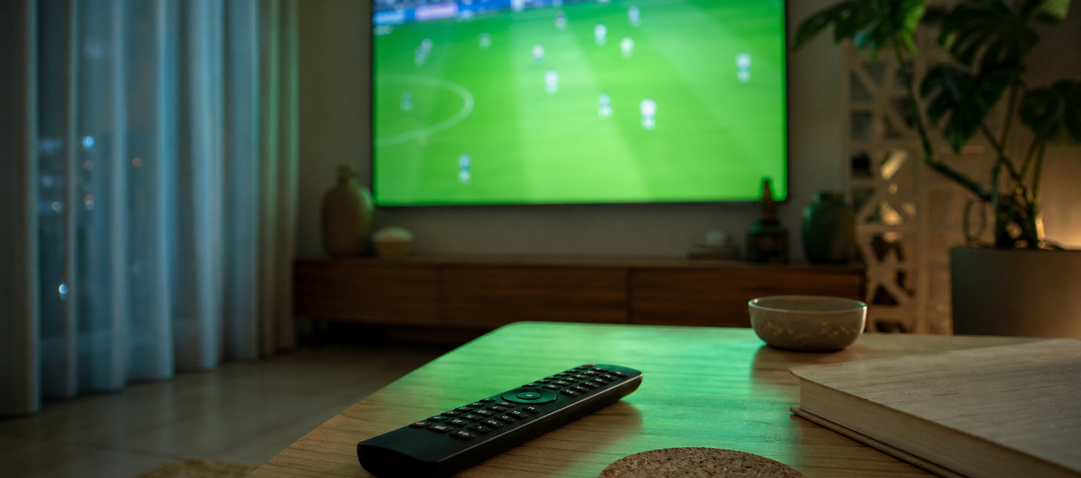 Sala de estar com TV grande exibindo jogo de futebol, luz verde refletida e ambiente doméstico sem marcas visíveis.