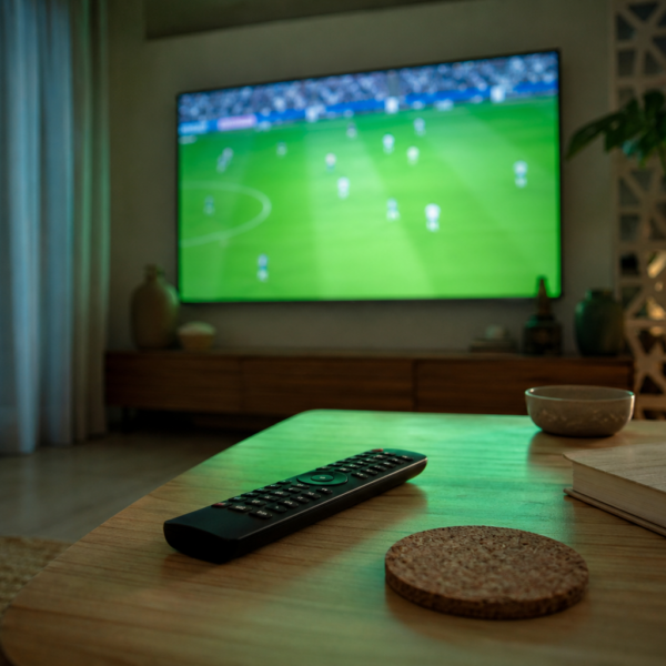 Sala de estar com TV grande exibindo jogo de futebol, luz verde refletida e ambiente doméstico sem marcas visíveis.