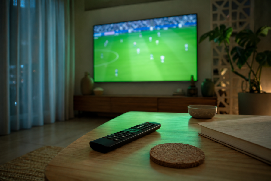 Sala de estar com TV grande exibindo jogo de futebol, luz verde refletida e ambiente doméstico sem marcas visíveis.