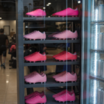 Vitrine de loja com chuteiras rosas e prateleira de bebidas zero sem rótulo, sem marcas visíveis.