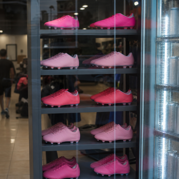 Vitrine de loja com chuteiras rosas e prateleira de bebidas zero sem rótulo, sem marcas visíveis.