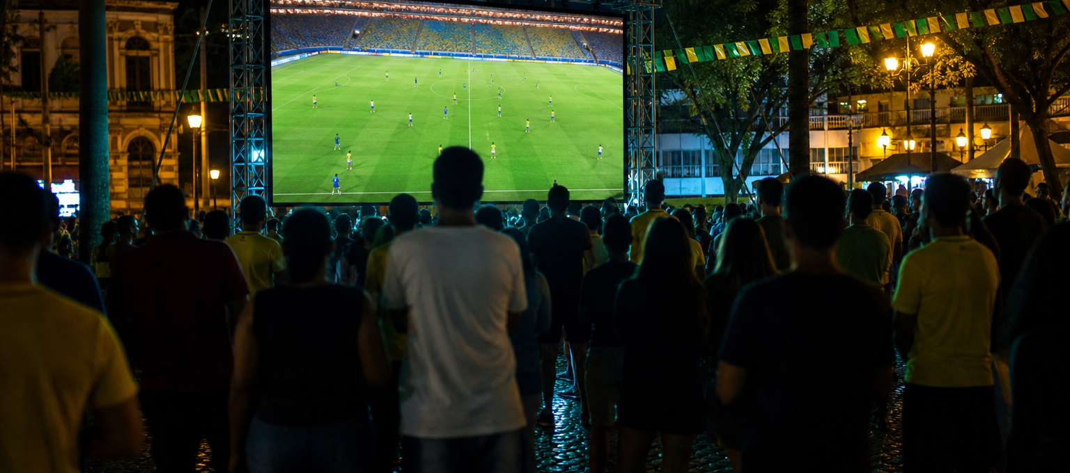 Telão em praça pública lotada transmitindo futebol ao vivo, torcida vista de longe e sem marcas visíveis.
