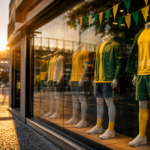 Vitrine verde e amarela inspirada na torcida, com estádio desfocado ao fundo.