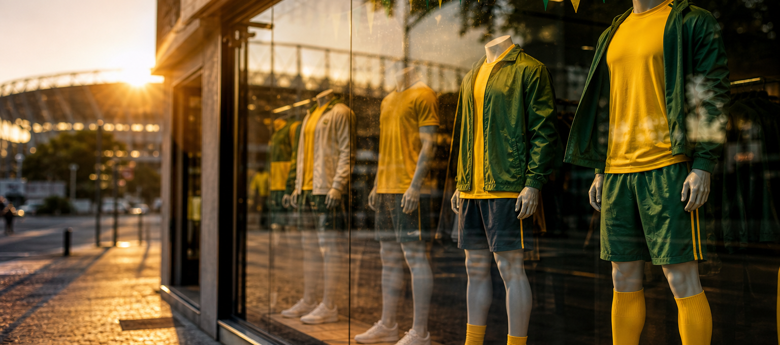 Vitrine verde e amarela inspirada na torcida, com estádio desfocado ao fundo.