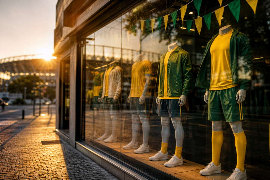 Vitrine verde e amarela inspirada na torcida, com estádio desfocado ao fundo.