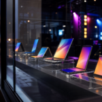 Vitrine iluminada com celulares dobráveis em destaque, alguns abertos e outros fechados, sem marcas visíveis.