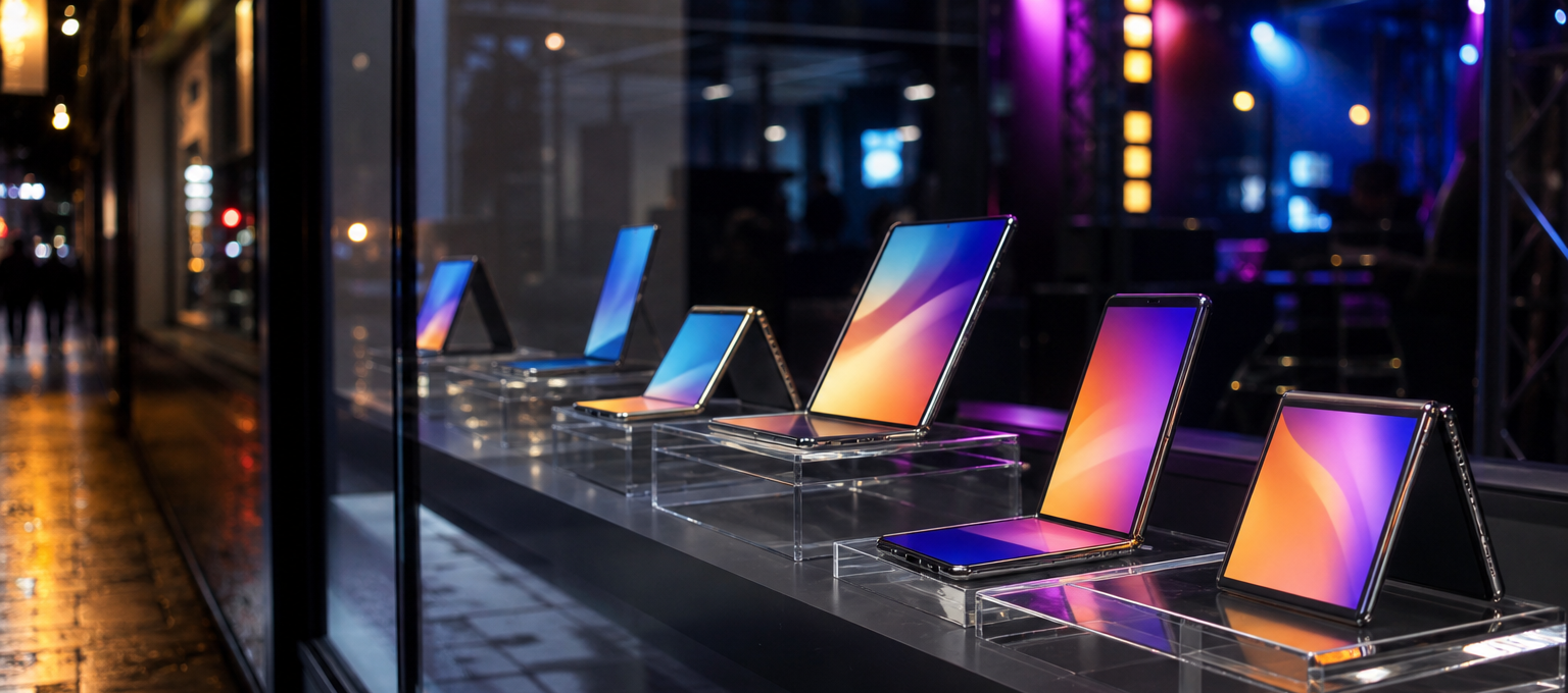 Vitrine iluminada com celulares dobráveis em destaque, alguns abertos e outros fechados, sem marcas visíveis.