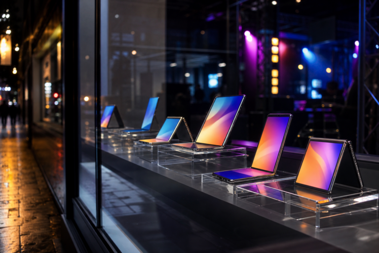 Vitrine iluminada com celulares dobráveis em destaque, alguns abertos e outros fechados, sem marcas visíveis.
