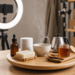 Set de live commerce minimalista com tripé, ring light e bancada com produtos genéricos, ambiente de estúdio sem marcas