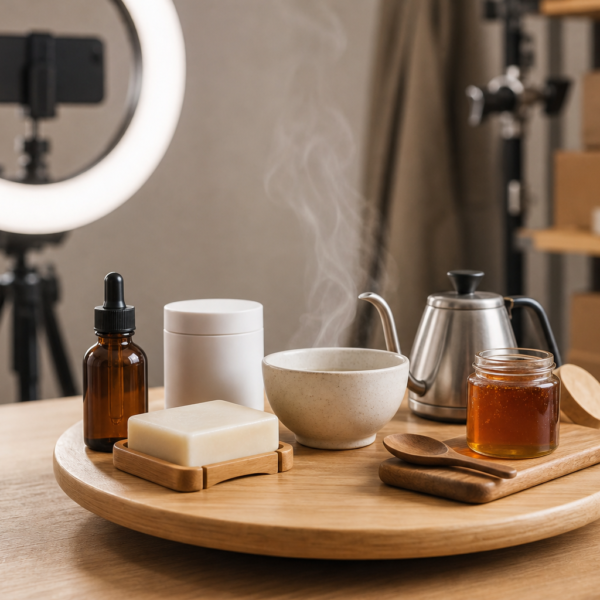 Set de live commerce minimalista com tripé, ring light e bancada com produtos genéricos, ambiente de estúdio sem marcas