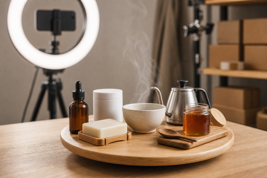 Set de live commerce minimalista com tripé, ring light e bancada com produtos genéricos, ambiente de estúdio sem marcas