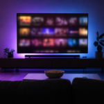 Sala de estar com TV exibindo mosaico genérico - catálogo como mídia de performance