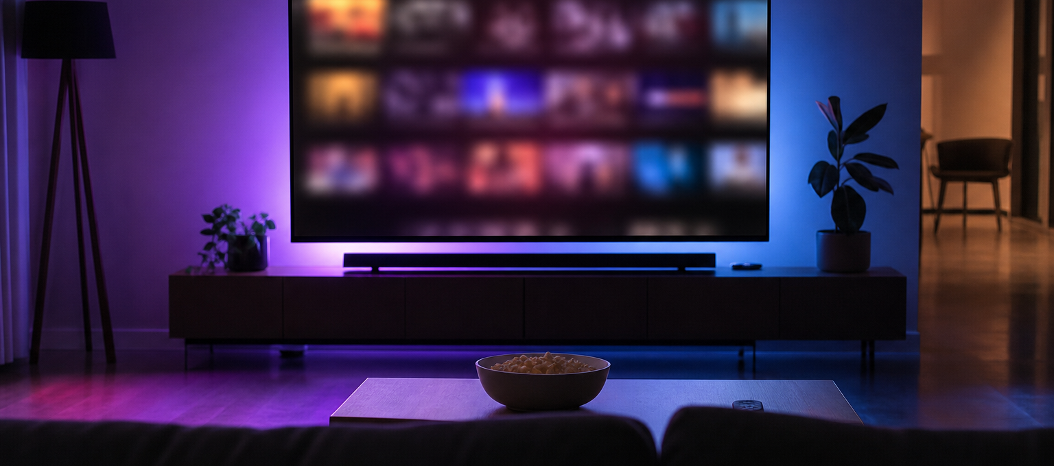 Sala de estar com TV exibindo mosaico genérico - catálogo como mídia de performance