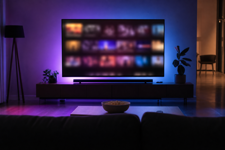 Sala de estar com TV exibindo mosaico genérico - catálogo como mídia de performance