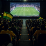 Torcida brasileira assistindo à final em uma sala de cinema transformada em arquibancada.