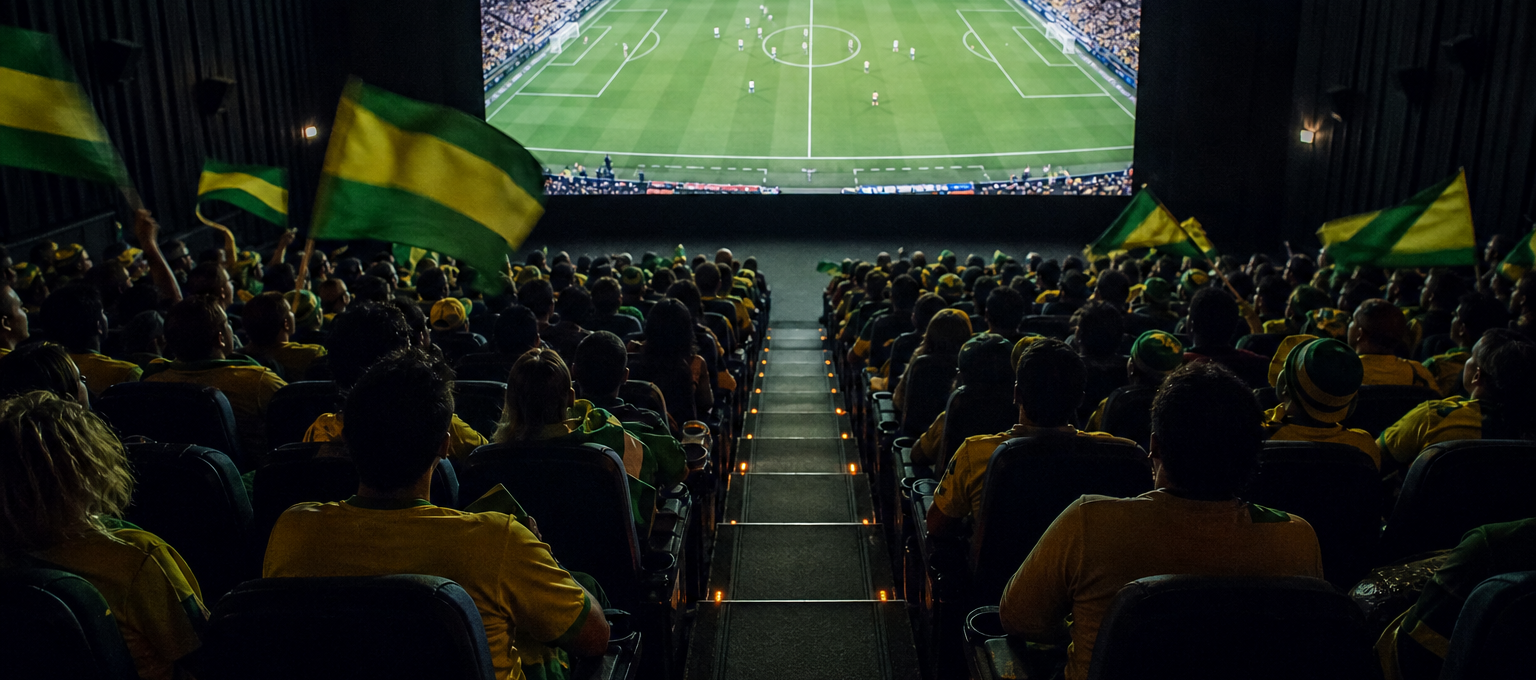 Torcida brasileira assistindo à final em uma sala de cinema transformada em arquibancada.
