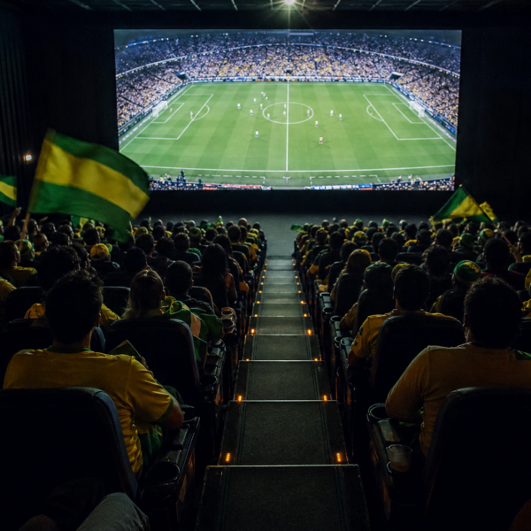 Torcida brasileira assistindo à final em uma sala de cinema transformada em arquibancada.