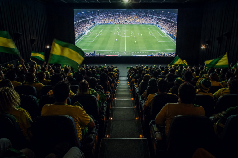 Torcida brasileira assistindo à final em uma sala de cinema transformada em arquibancada.